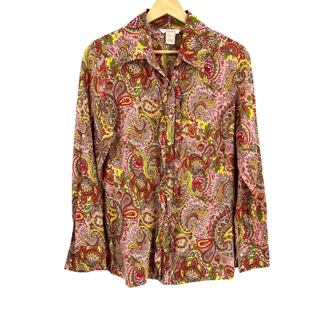 Sundance Paisley Cotton Button Front Blouse Red Pink Ruffle Boho Colorful Medium